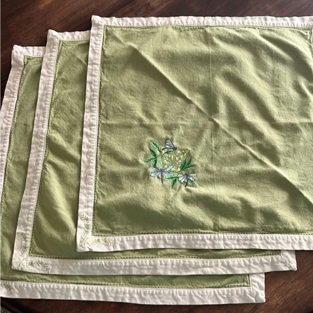 Upcycled Set of 3 Sage Cotton Floral Embroidered Napkins with Cream Trim